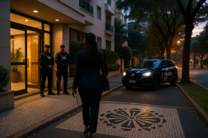 Busca e apreensão em Curitiba: advogada criminalista chega a condomínio de luxo sob escolta de policiais civis ao lado de viatura, com calçada em petit‑pavé de pinhão.