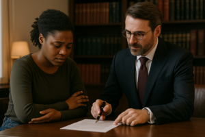 Pessoa em delegacia com intimação para depor, aguardando atendimento com apoio de advogado criminal no Brasil