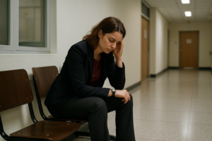 Pessoa sozinha em delegacia após ser vítima de crime, aguardando atendimento jurídico.