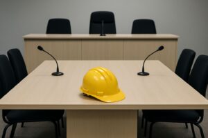 Sala de audiência com capacete EPI