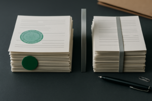 Regime de bens no processo penal: dossiê dividido ao meio, com metade sob lacre e carimbo e metade preservada por faixa elástica (meação), em mesa corporativa sóbria.